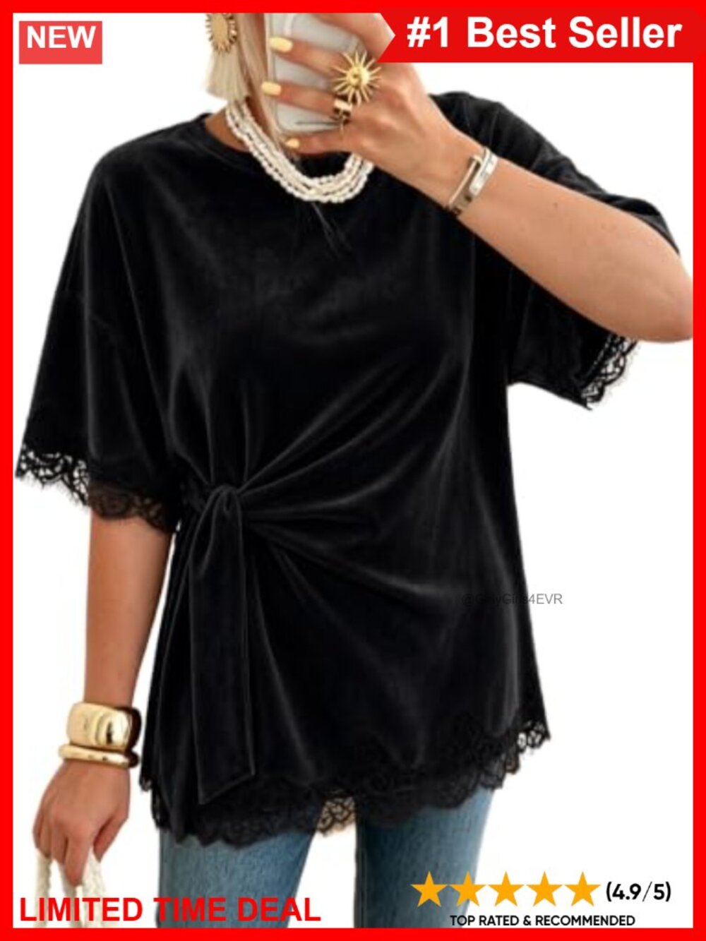 Velvet Lace Trim Short Sleeve Tunic Top Side Tie Waist Blouse